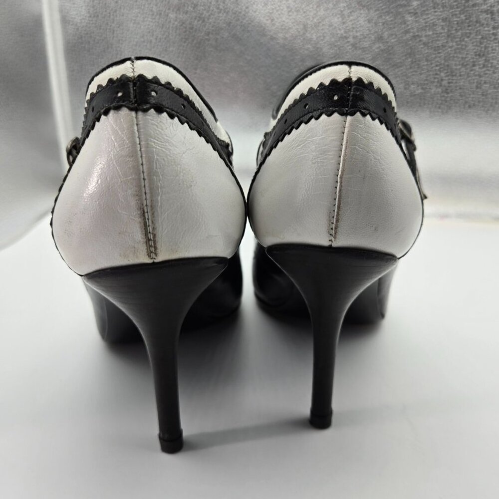 VTG Via Spiga 7.5 Black White Leather Peep-Toe Mary Jane Oxford Heels Lady*Read - Picture 6 of 15